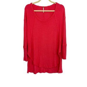 Free People Ventura Thermal Tee Long Sleeve High Low Hem Scoop Neck Orange SMALL